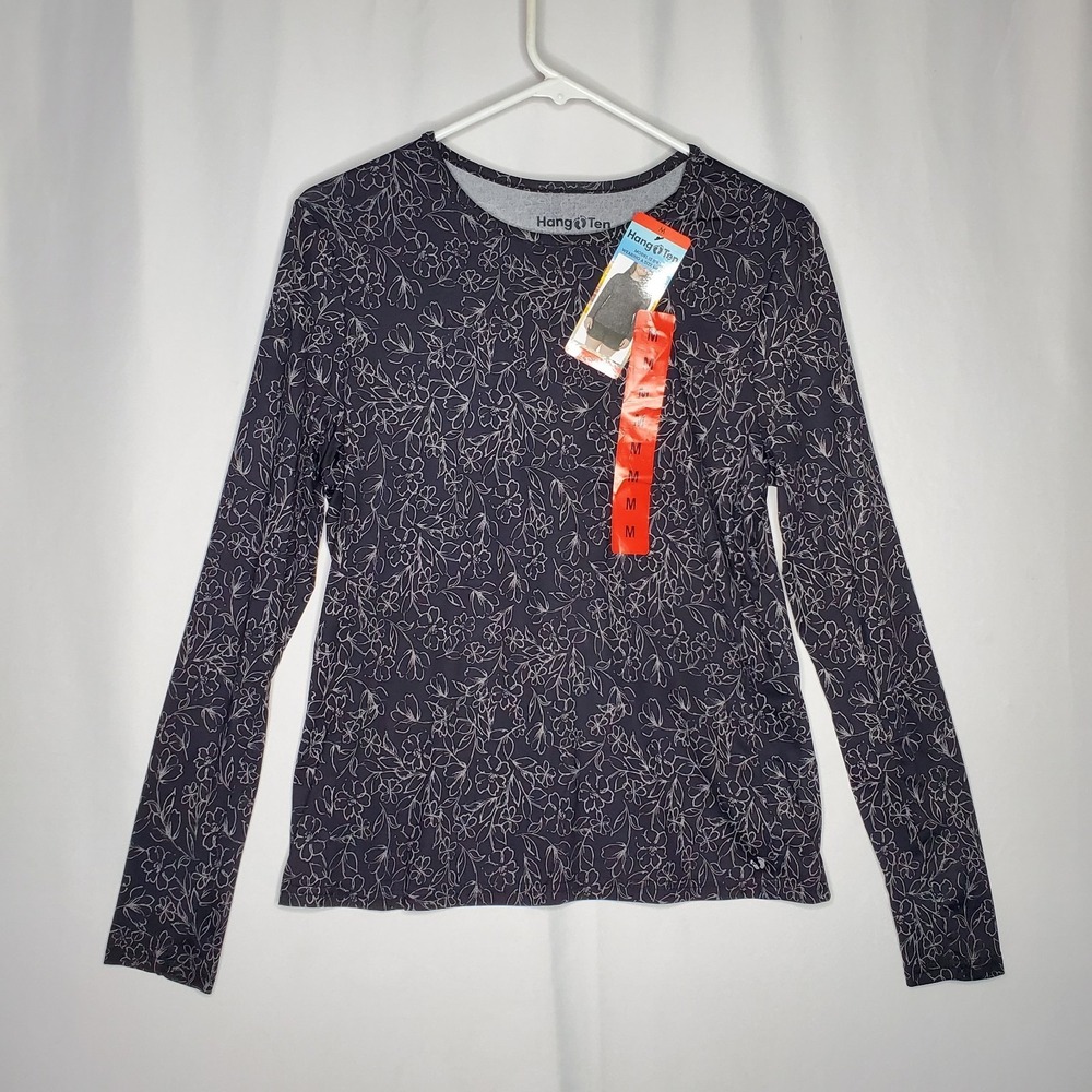 Hang Ten Top Women Medium UPF50 Dark‎ Floral Stretch Long Sleeve Beach Outdoor